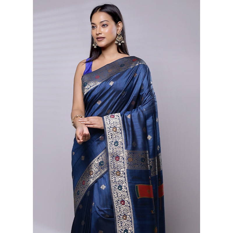 Blue Dupion Silk Saree With Blouse Piece - JD986608736