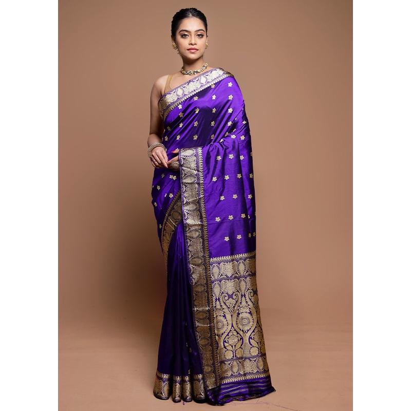 Blue Handloom Assam Pure Silk Saree With Blouse Piece - JD986608680