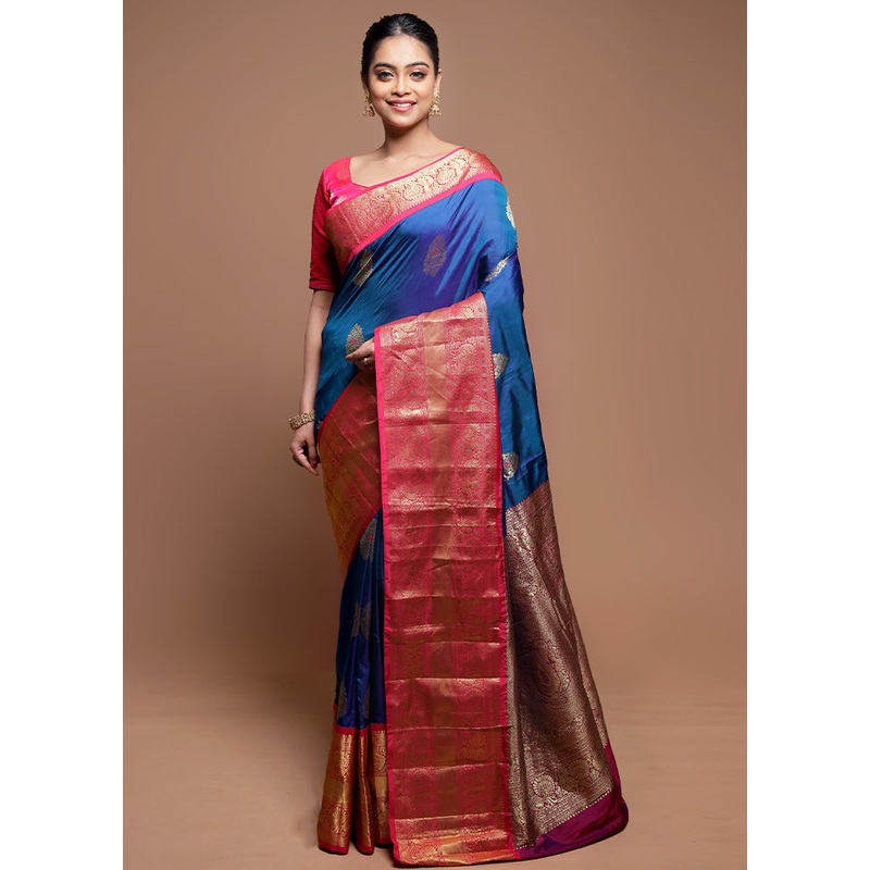 Blue Handloom Kanjivaram Pure Silk Saree With Blouse Piece - JD986608679