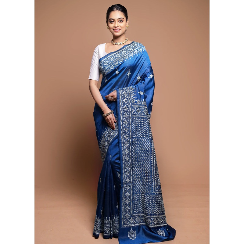 Blue Handloom Kantha Stitch Pure Silk Saree With Blouse Piece - JD986608678