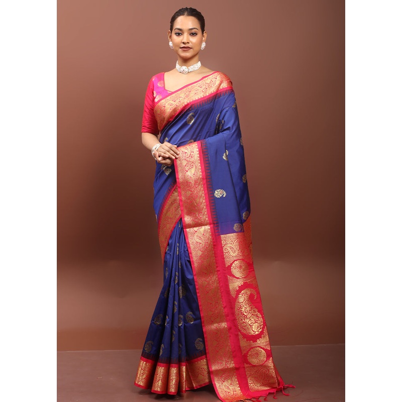 Blue Kanjivaram Silk Saree With Blouse Piece - JD986608580