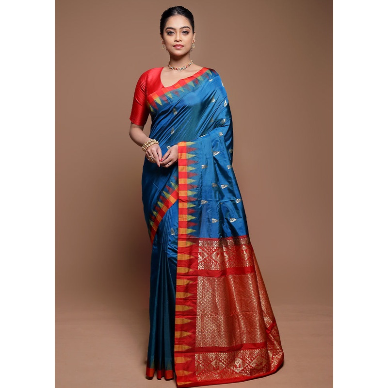 Blue Kanjivaram Silk Saree With Blouse Piece - JD986608677