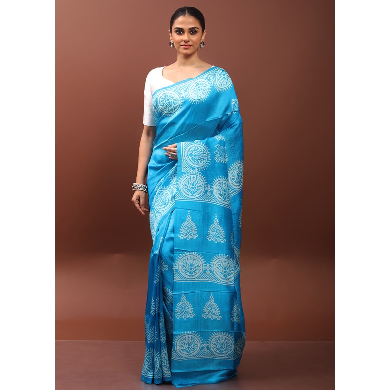 Blue Printed Pure Silk Saree Without Blouse Piece - JD986608576