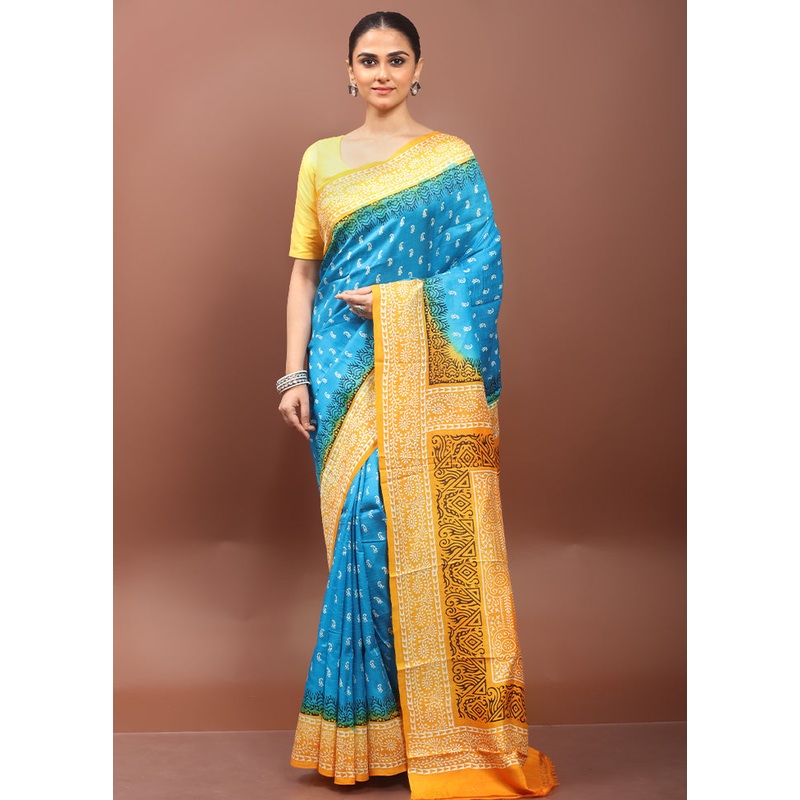 Blue Printed Pure Silk Saree Without Blouse Piece - JD986608577