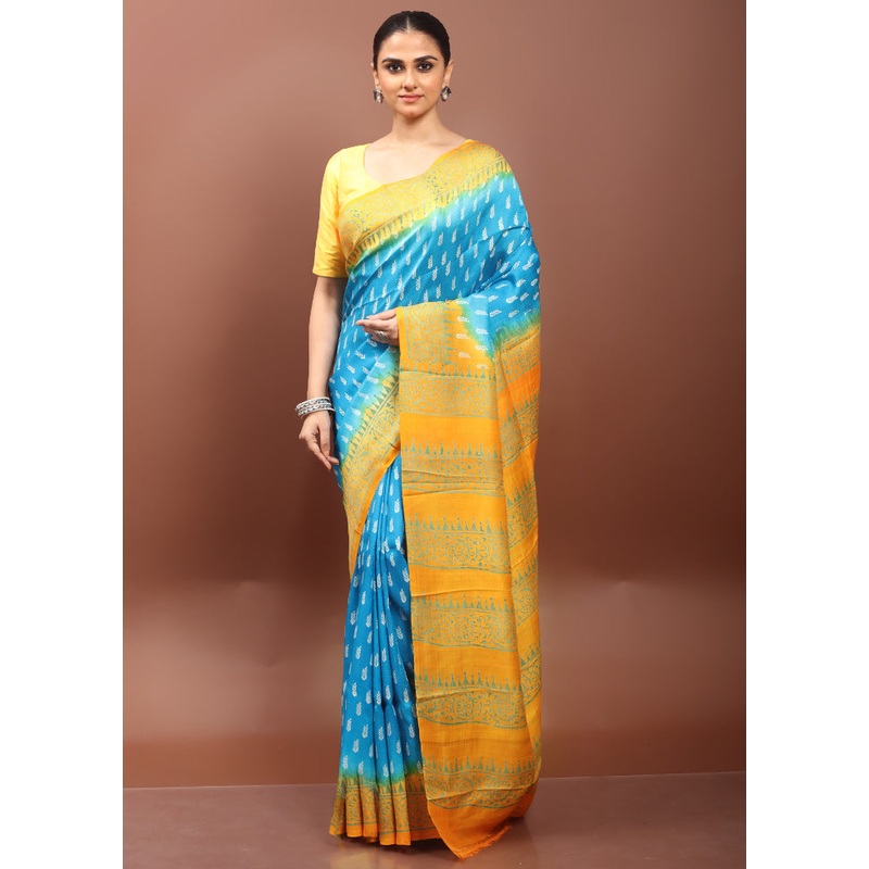 Blue Printed Pure Silk Saree Without Blouse Piece - JD986608578