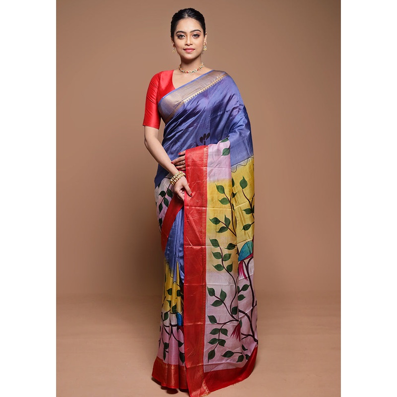 Blue Printed Pure Silk Saree Without Blouse Piece - JD986608668