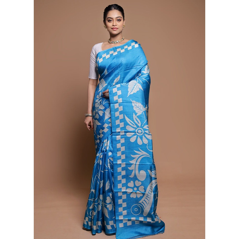 Blue Printed Pure Silk Saree Without Blouse Piece - JD986608669