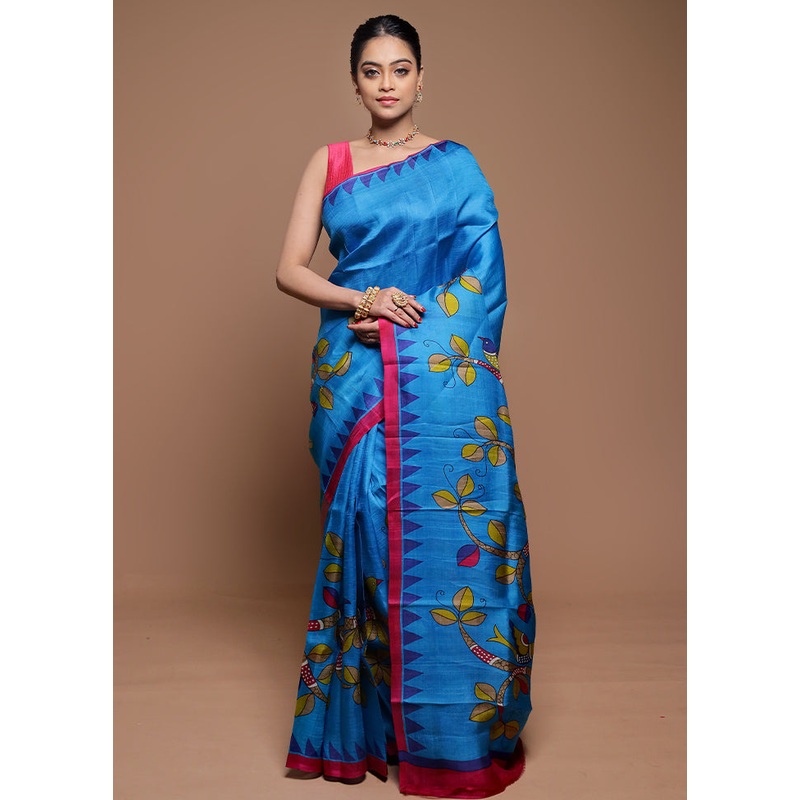 Blue Printed Pure Silk Saree Without Blouse Piece - JD986608670