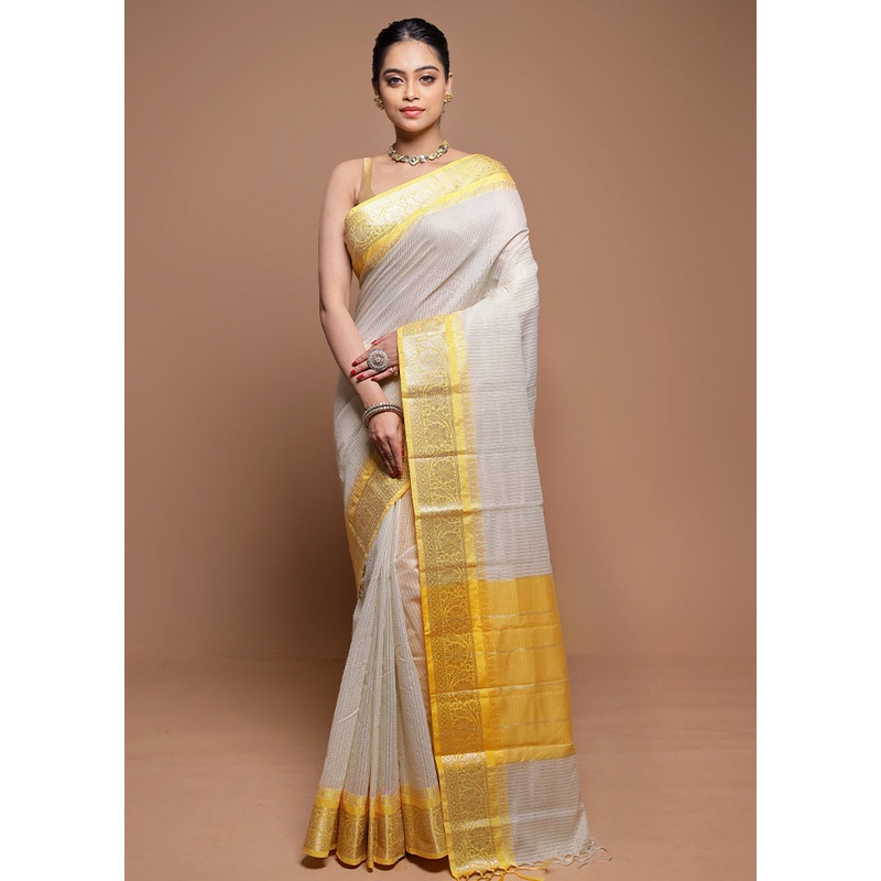 Cream Cotton Saree With Blouse Piece - JD986608667