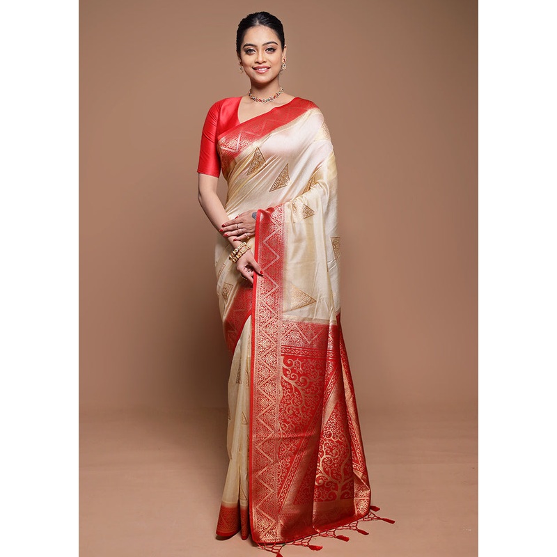 Cream Dupion Silk Saree With Blouse Piece - JD986608663