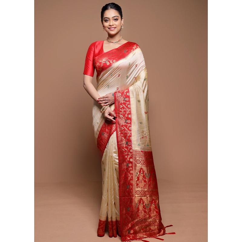 Cream Dupion Silk Saree With Blouse Piece - JD986608664