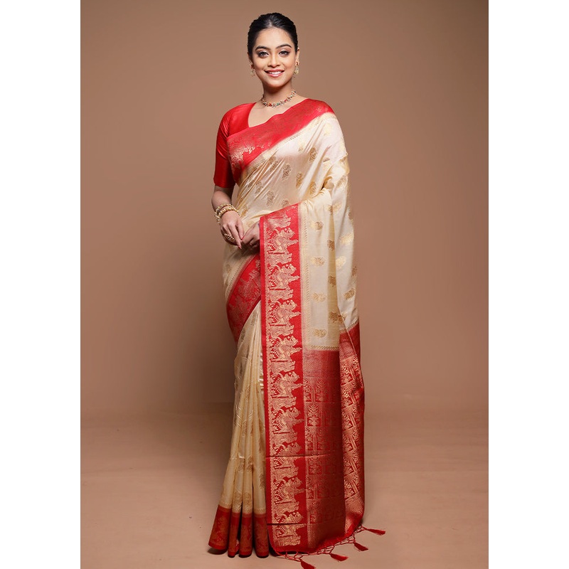 Cream Dupion Silk Saree With Blouse Piece - JD986608665