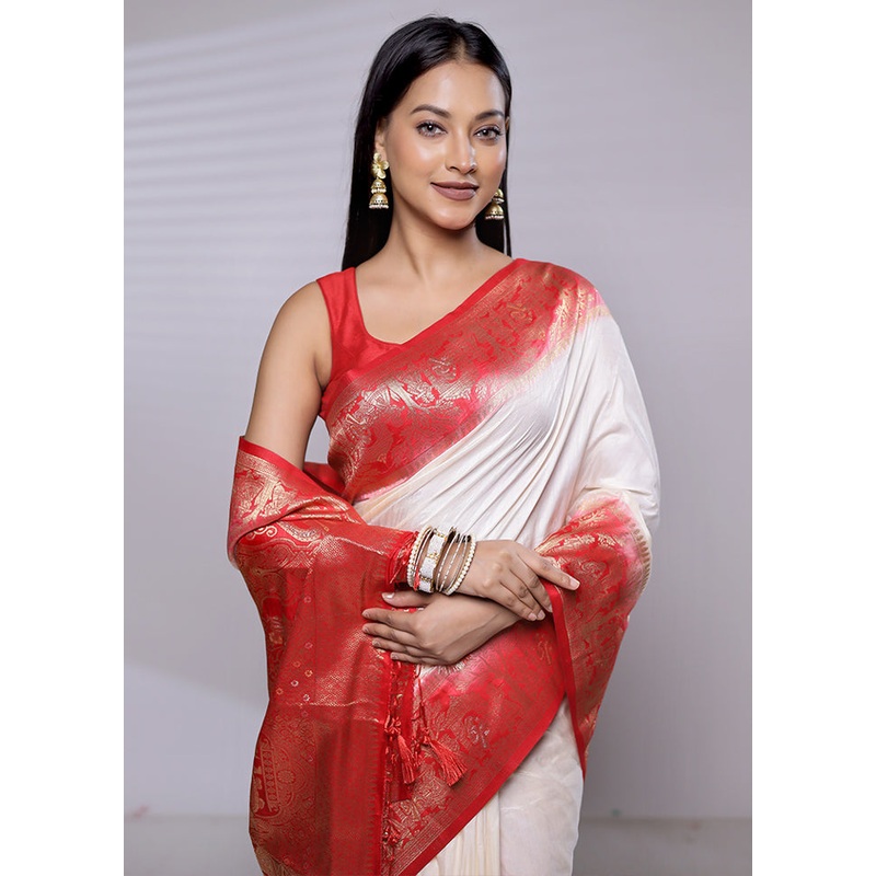 Cream Dupion Silk Saree With Blouse Piece - JD986608734