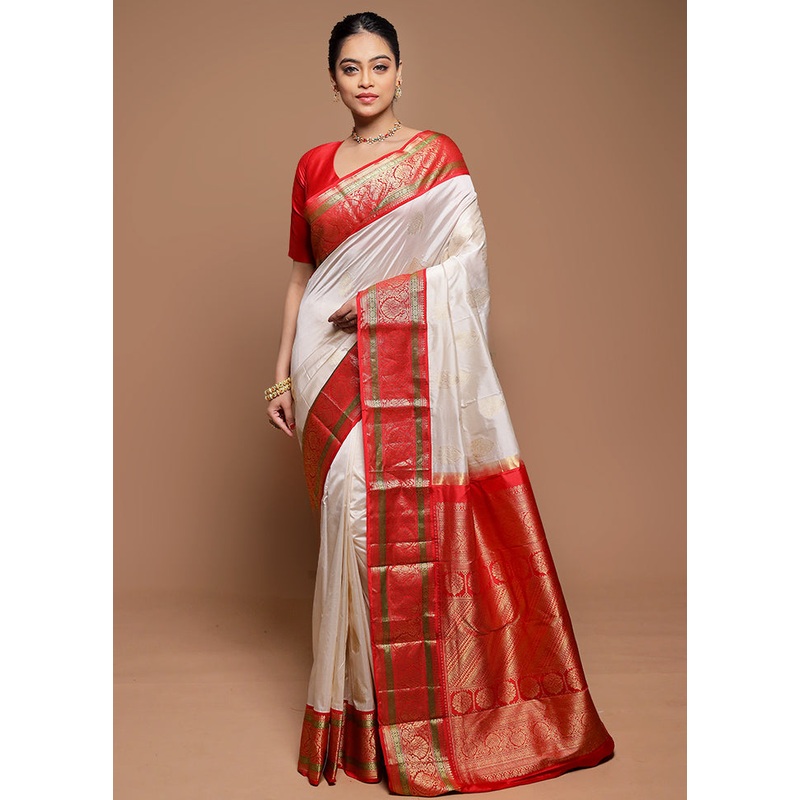 Cream Handloom Kanchipuram Pure Silk Saree With Blouse Piece - JD986608662