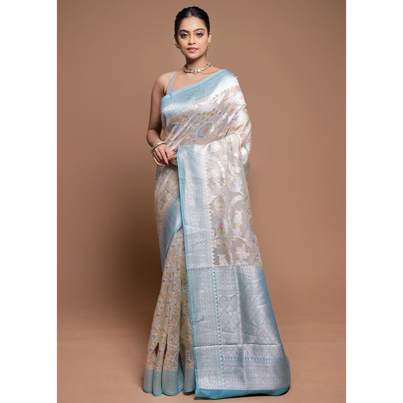 Cream Handloom Pure Organza Saree With Blouse Piece - JD986608660