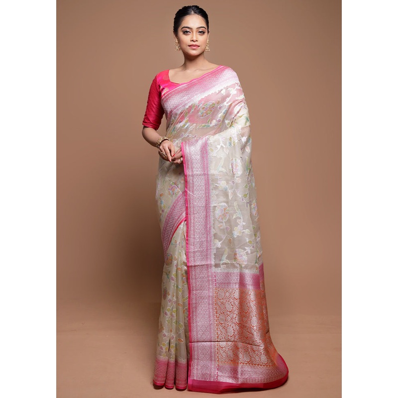 Cream Handloom Pure Organza Saree With Blouse Piece - JD986608661