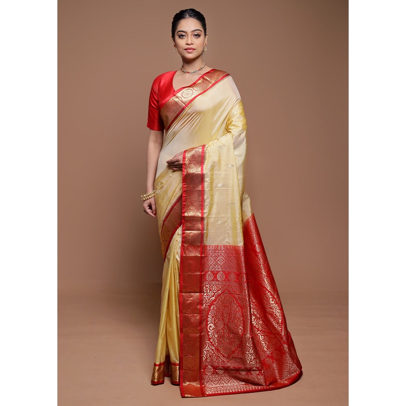 Cream Kanjivaram Silk Saree With Blouse Piece - JD986608659