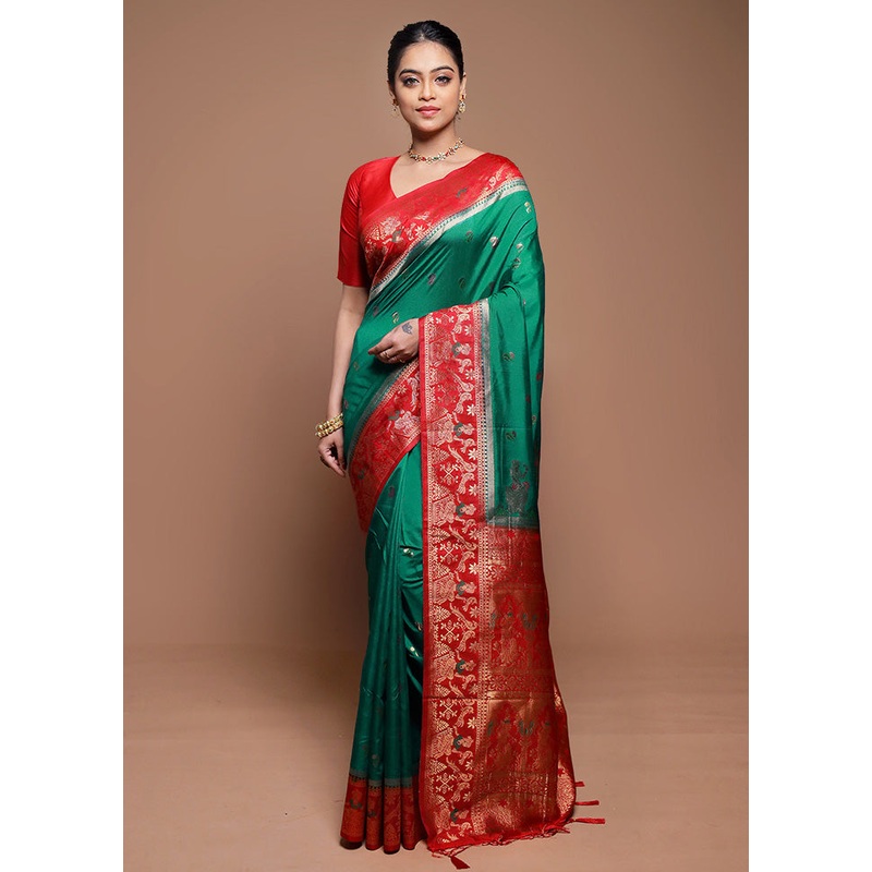 Green Dupion Silk Saree With Blouse Piece - JD986608656