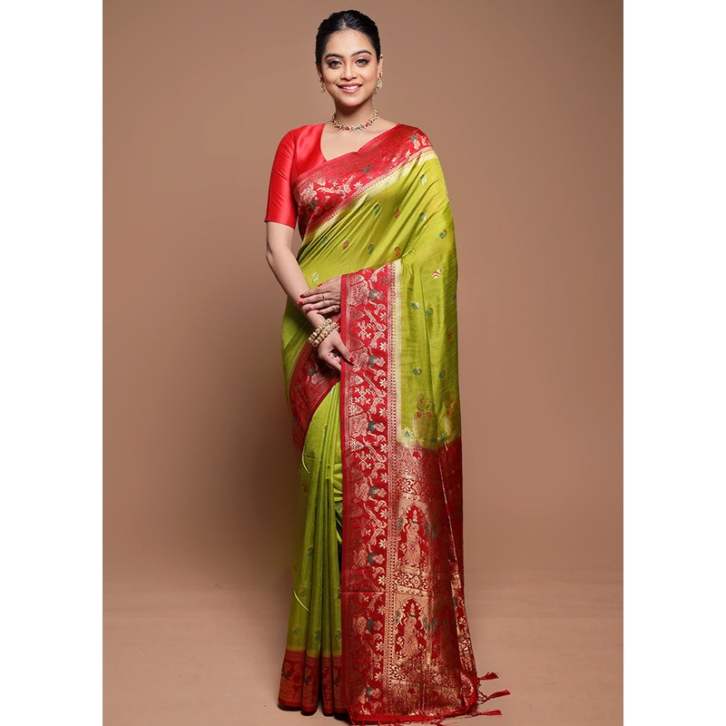 Green Dupion Silk Saree With Blouse Piece - JD986608657