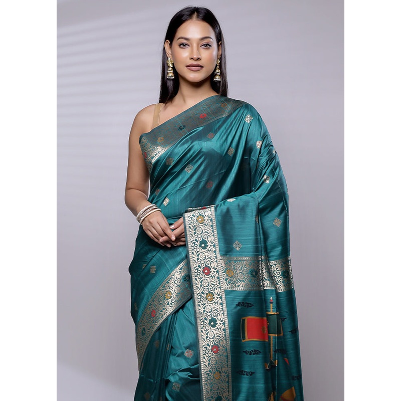 Green Dupion Silk Saree With Blouse Piece - JD986608732