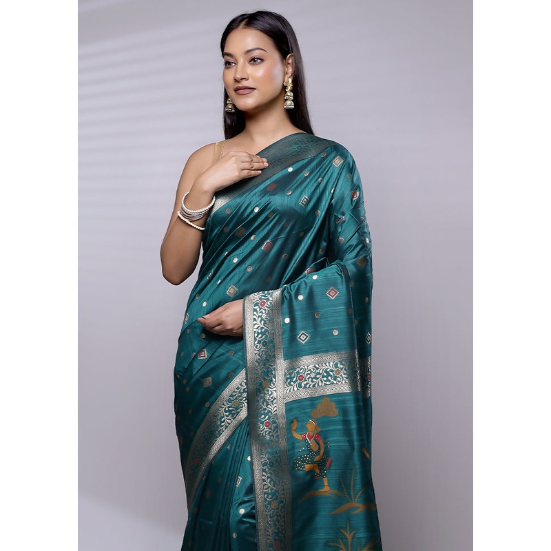 Green Dupion Silk Saree With Blouse Piece - JD986608733