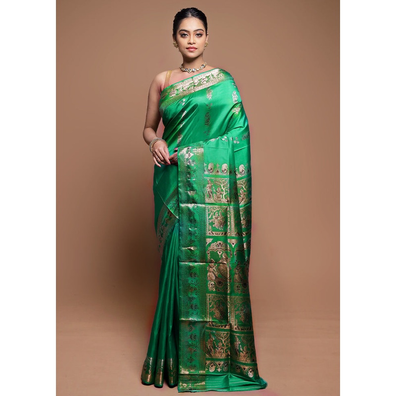 Green Handloom Baluchari Pure Silk Saree With Blouse Piece - JD986608654