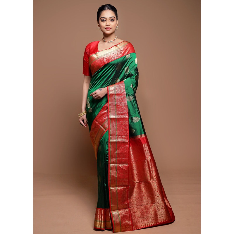 Green Handloom Kanchipuram Pure Silk Saree With Blouse Piece - JD986608653