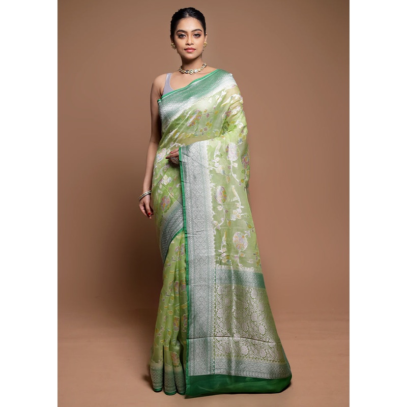 Green Handloom Pure Organza Saree With Blouse Piece - JD986608650