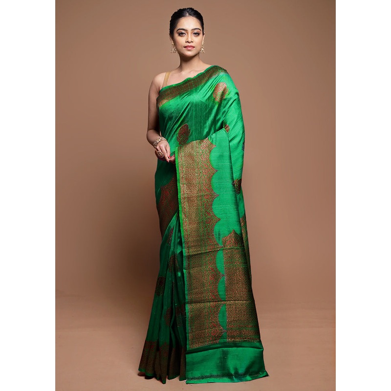 Green Handloom Tussar Pure Silk Saree With Blouse Piece - JD986608648