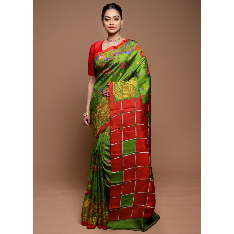 Green Printed Pure Silk Saree Without Blouse Piece - JD986608640