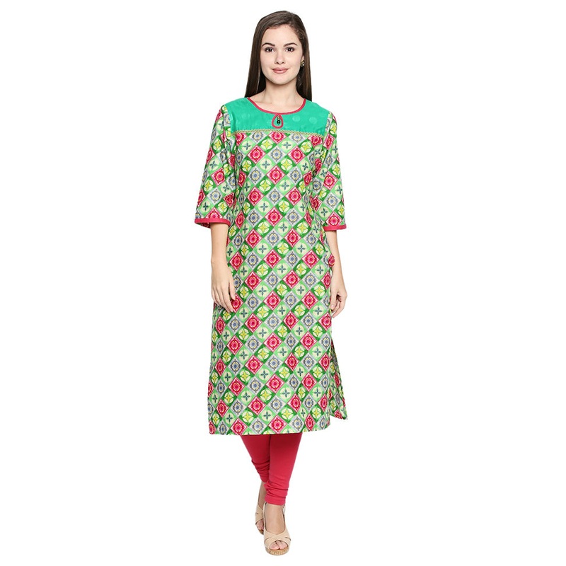 Green Readymade Cotton Kurti - JD986608697