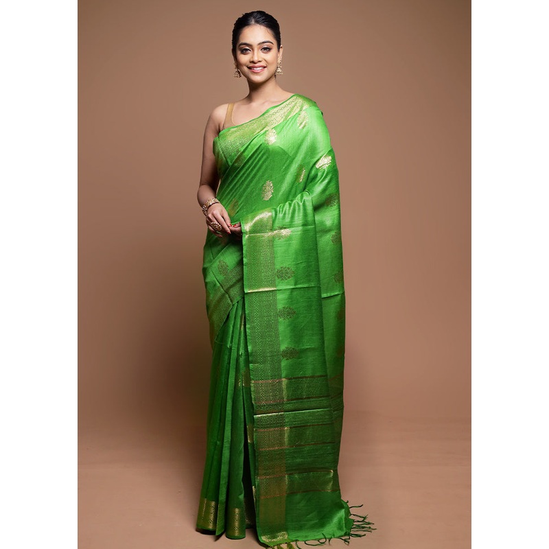 Green Tussar Silk Saree With Blouse Piece - JD986608638