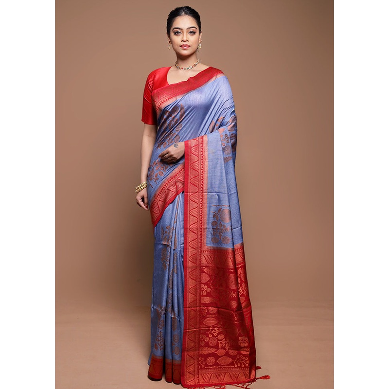 Grey Dupion Silk Saree With Blouse Piece - JD986608637