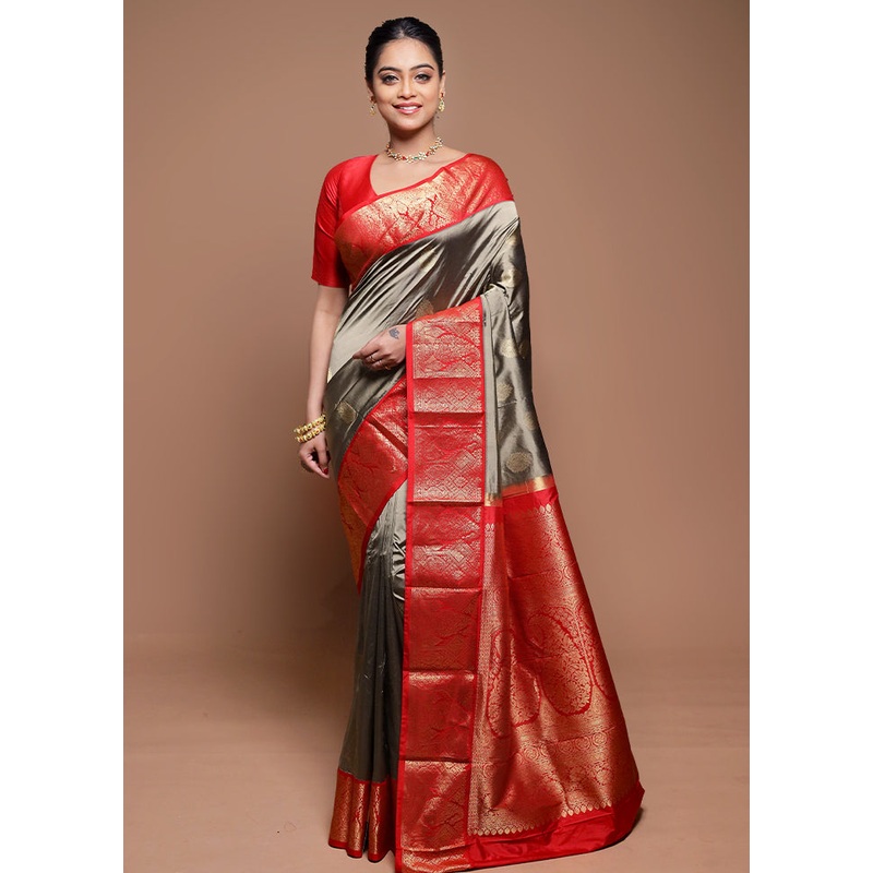Grey Handloom Kanchipuram Pure Silk Saree With Blouse Piece - JD986608636