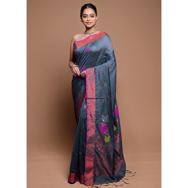Grey Matka Silk Saree With Blouse Piece - JD986608634
