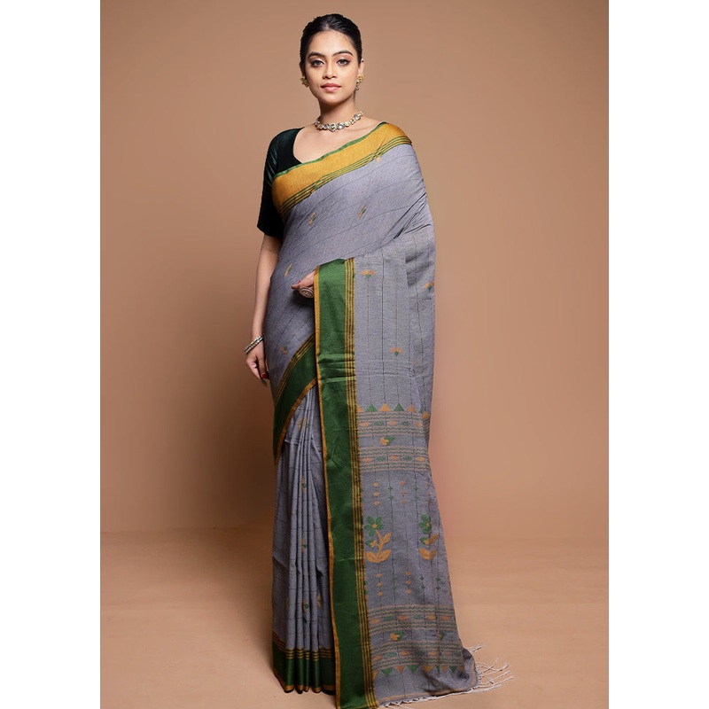 Grey Matka Silk Saree With Blouse Piece - JD986608635
