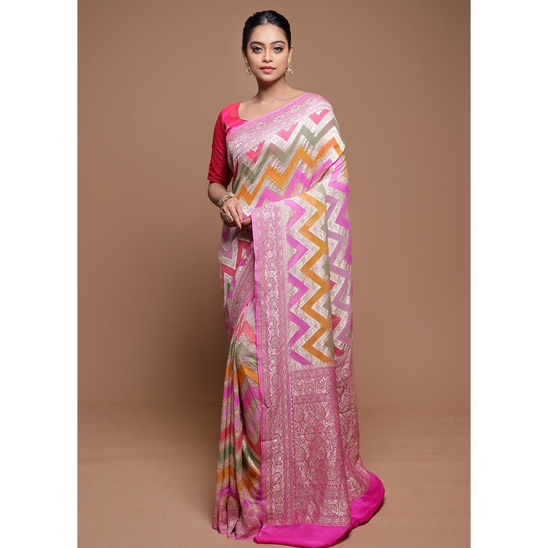Multicolor Handloom Pure Georgette Saree With Blouse Piece - JD986608629