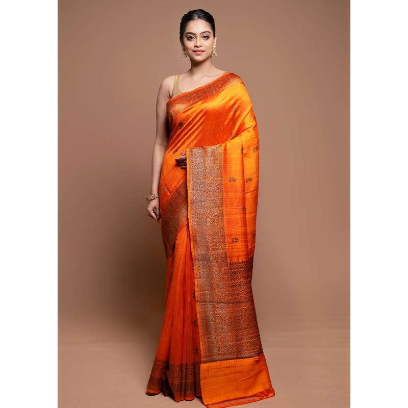 Orange Handloom Tussar Pure Silk Saree With Blouse Piece - JD986608626