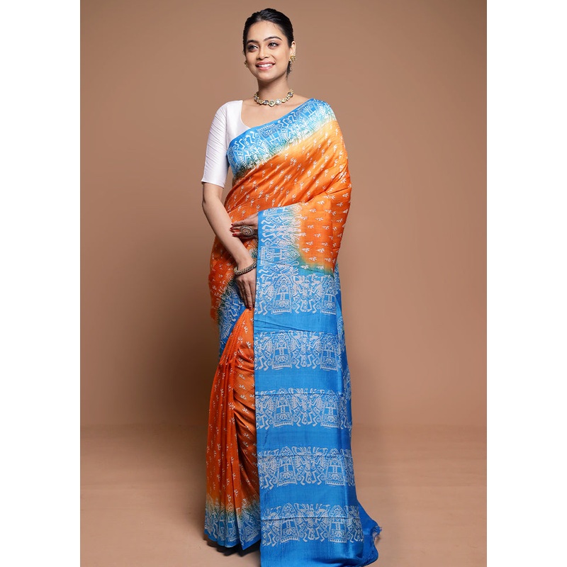 Orange Printed Pure Silk Saree Without Blouse Piece - JD986608625