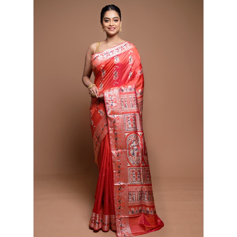 Pink Handloom Baluchari Pure Silk Saree With Blouse Piece - JD986608623