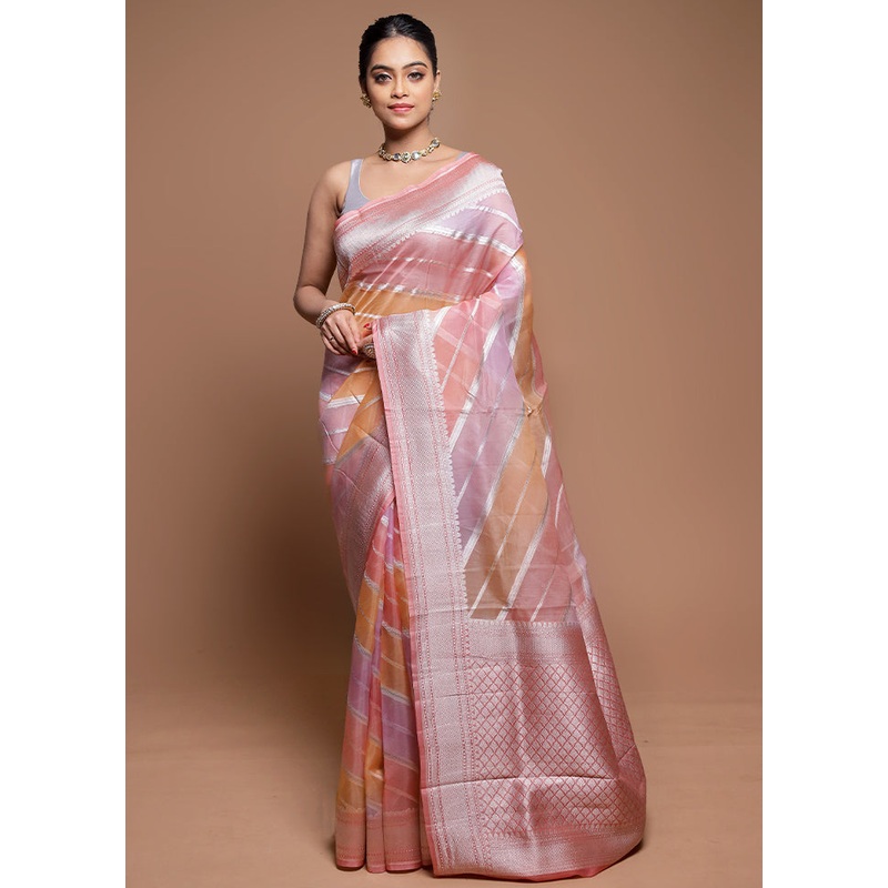 Pink Handloom Pure Organza Saree With Blouse Piece - JD986608622