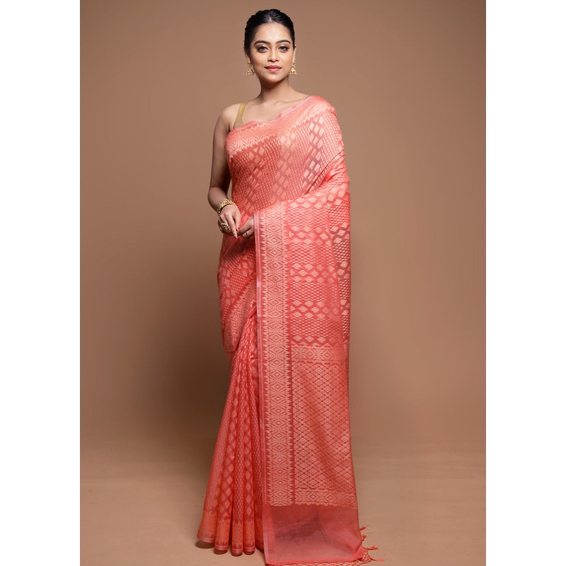 Pink Pure Cotton Saree With Blouse Piece - JD986608616