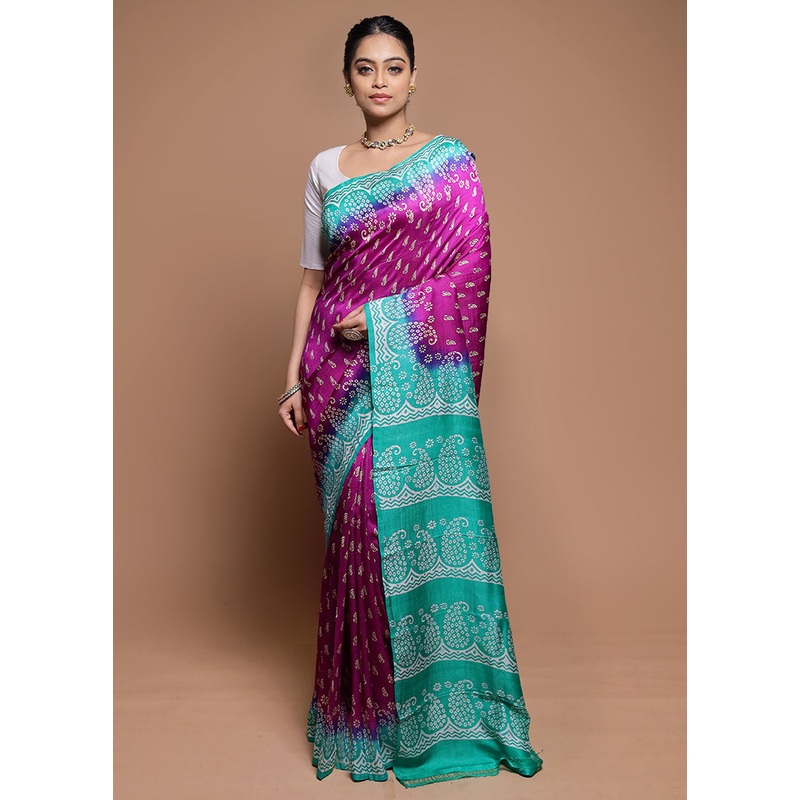 Purple Printed Pure Silk Saree Without Blouse Piece - JD986608610