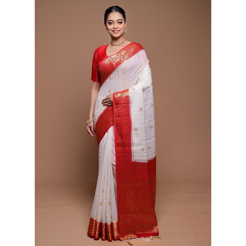 White Dupion Silk Saree With Blouse Piece - JD986608604