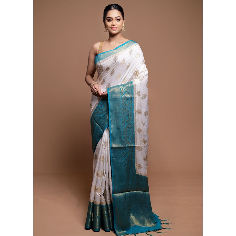 White Dupion Silk Saree With Blouse Piece - JD986608605