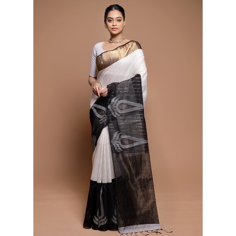 White Handloom Matka Pure Silk Saree With Blouse Piece - JD986608603
