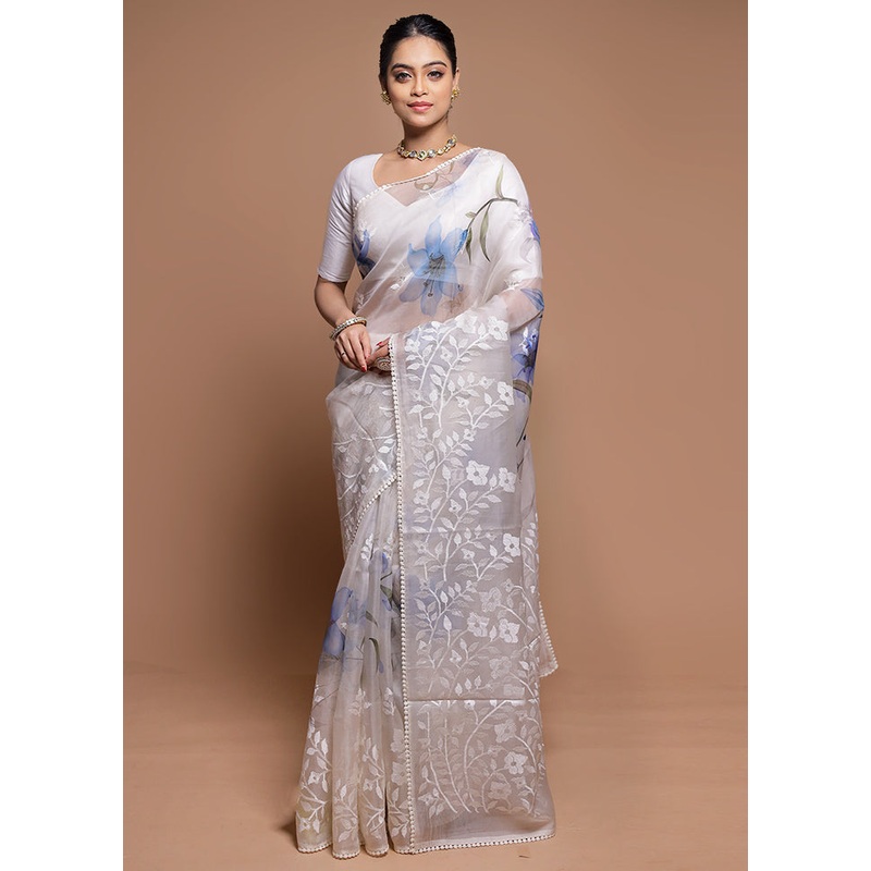 White Handloom Pure Organza Saree With Blouse Piece - JD986608602