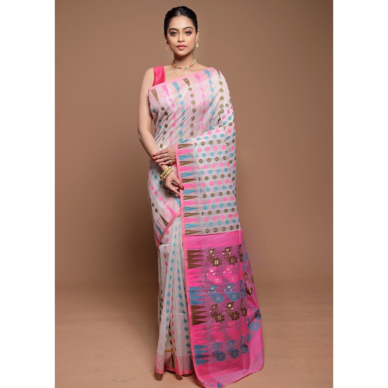 White Tant Jamdani Saree Without Blouse Piece - JD986608600
