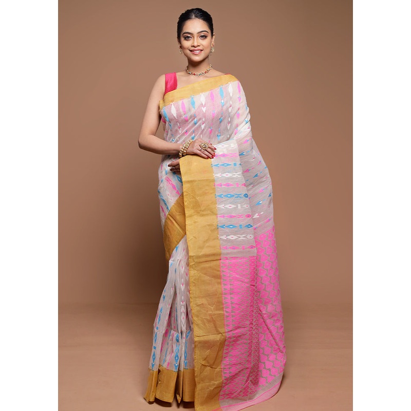 White Tant Jamdani Saree Without Blouse Piece - JD986608601
