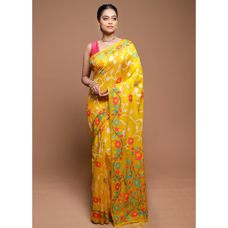 Yellow Dupion Silk Saree With Blouse Piece - JD986608595